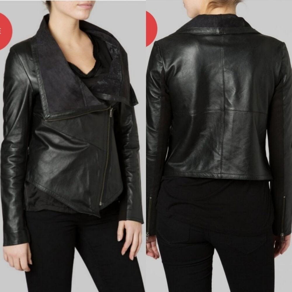 Sabina Black Drape Cardi Leather Jacket